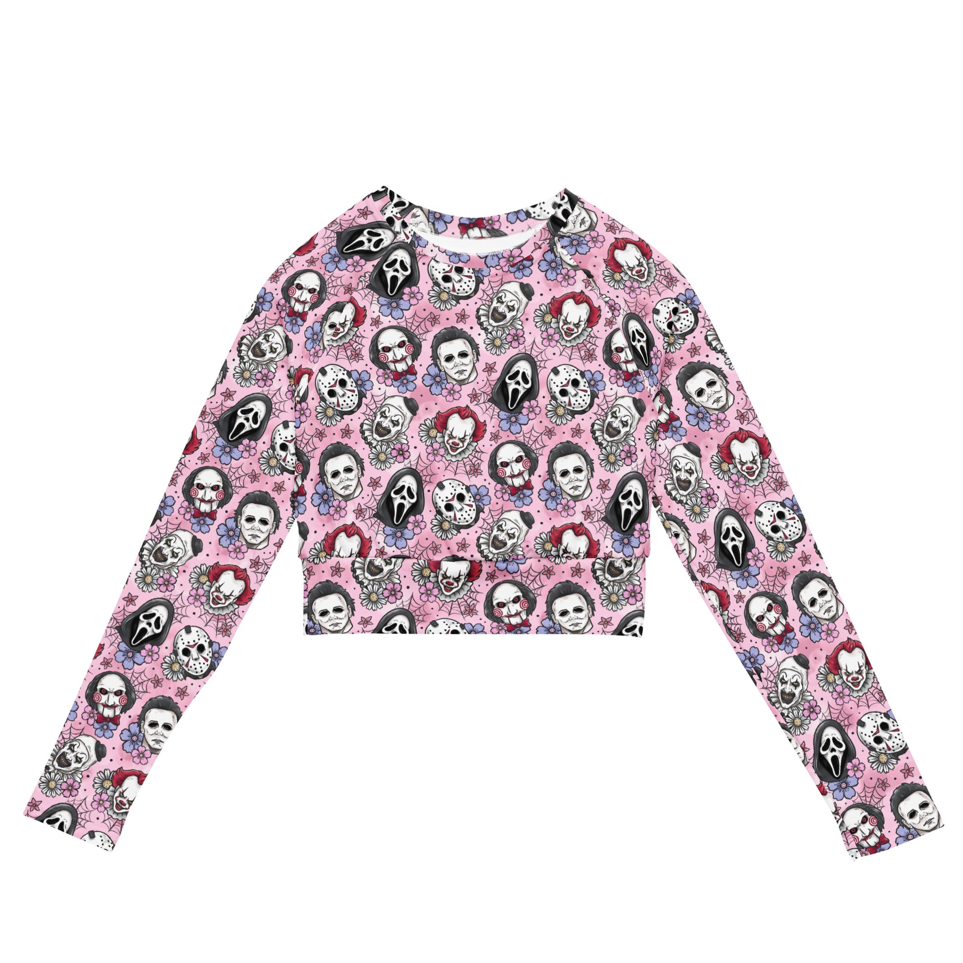 Pink Horror Characters recycled long-sleeve crop top rash guard with all-over print, featuring vibrant horror-themed artwork.
