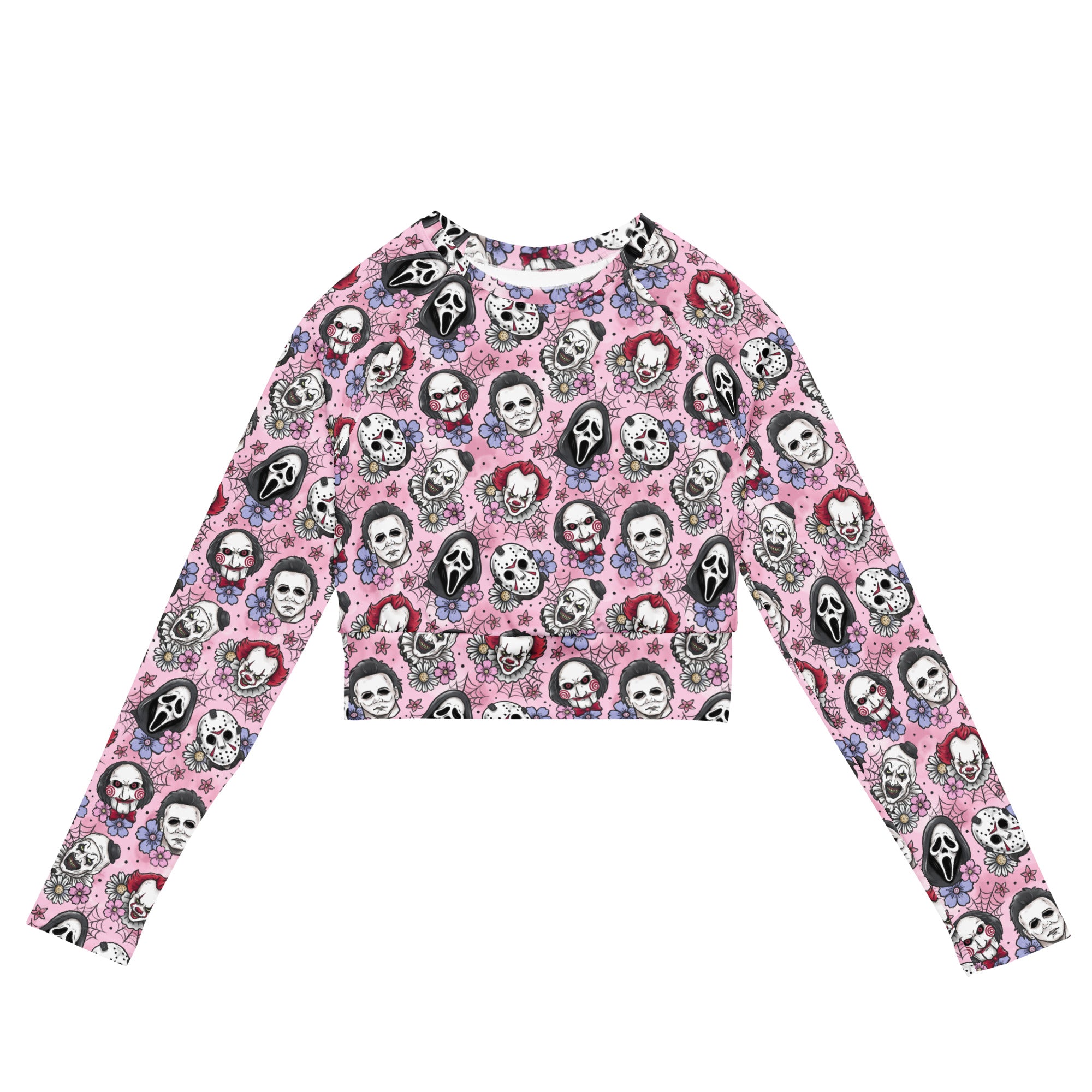 Pink Horror Characters recycled long-sleeve crop top rash guard with all-over print, featuring vibrant horror-themed artwork.