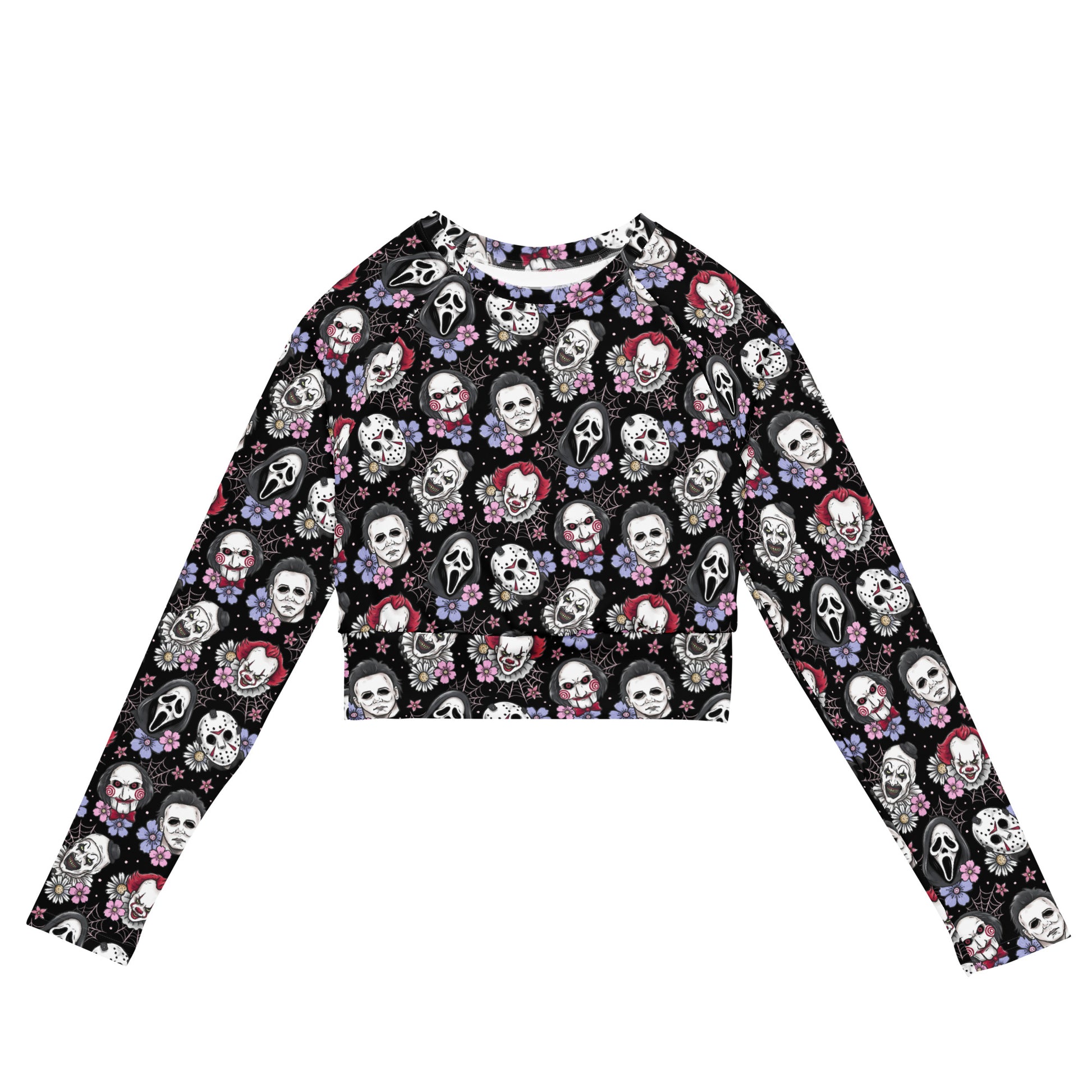 Black horror characters recycled long-sleeve crop top rash guard with all-over print and white front design.