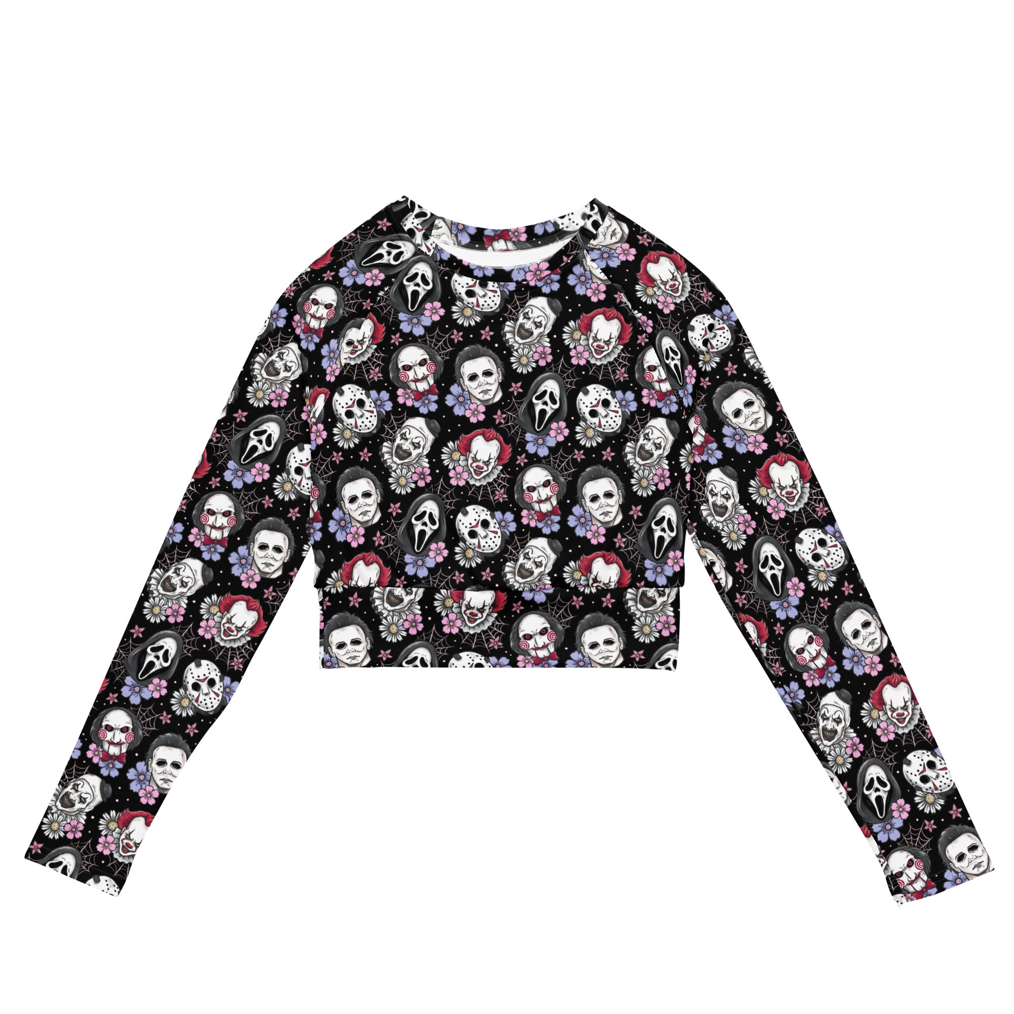 Black horror characters recycled long-sleeve crop top rash guard with all-over print and white front design.