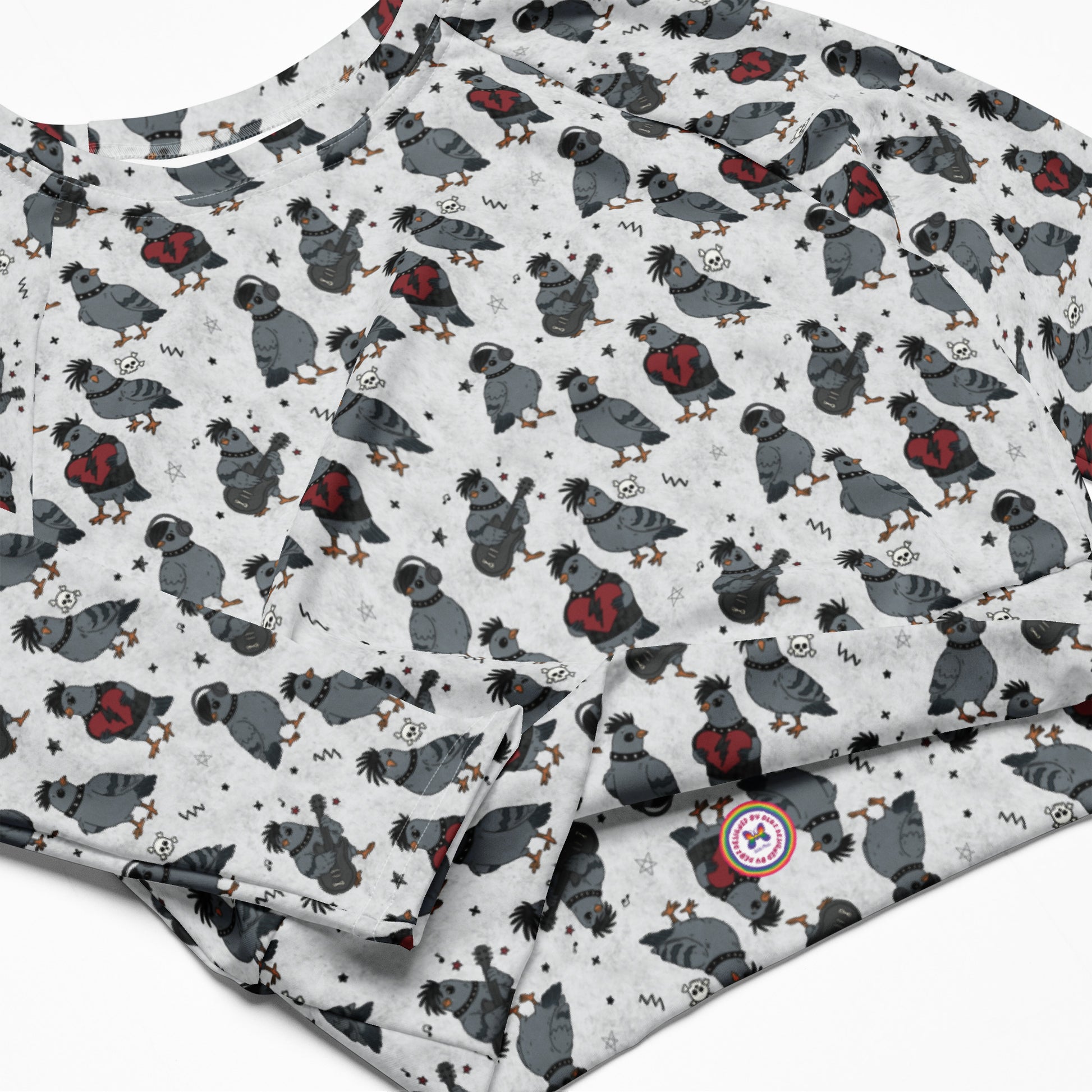 White Emo Pigeons recycled long-sleeve crop top rash guard with all-over print, featuring colorful pigeon designs.