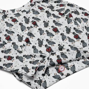 Printful Emo Pigeons recycled long-sleeve crop top rash guard with all-over white print and vibrant pigeon design.