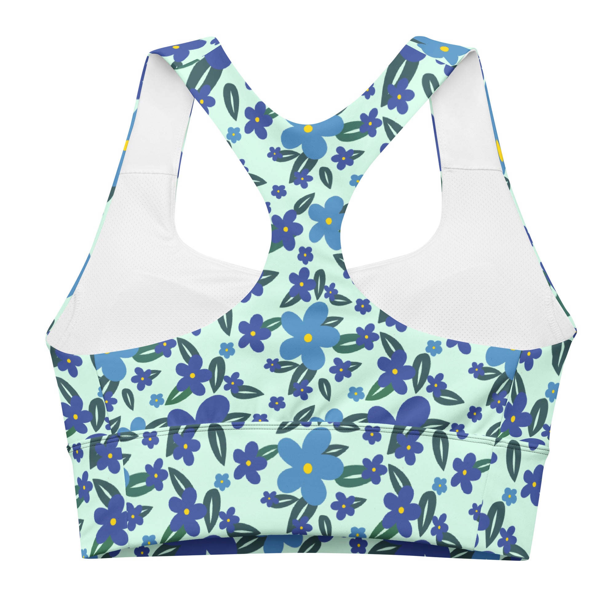 Retro floral print recycled longline sports bra by Printful, featuring vibrant all-over floral design on white background.