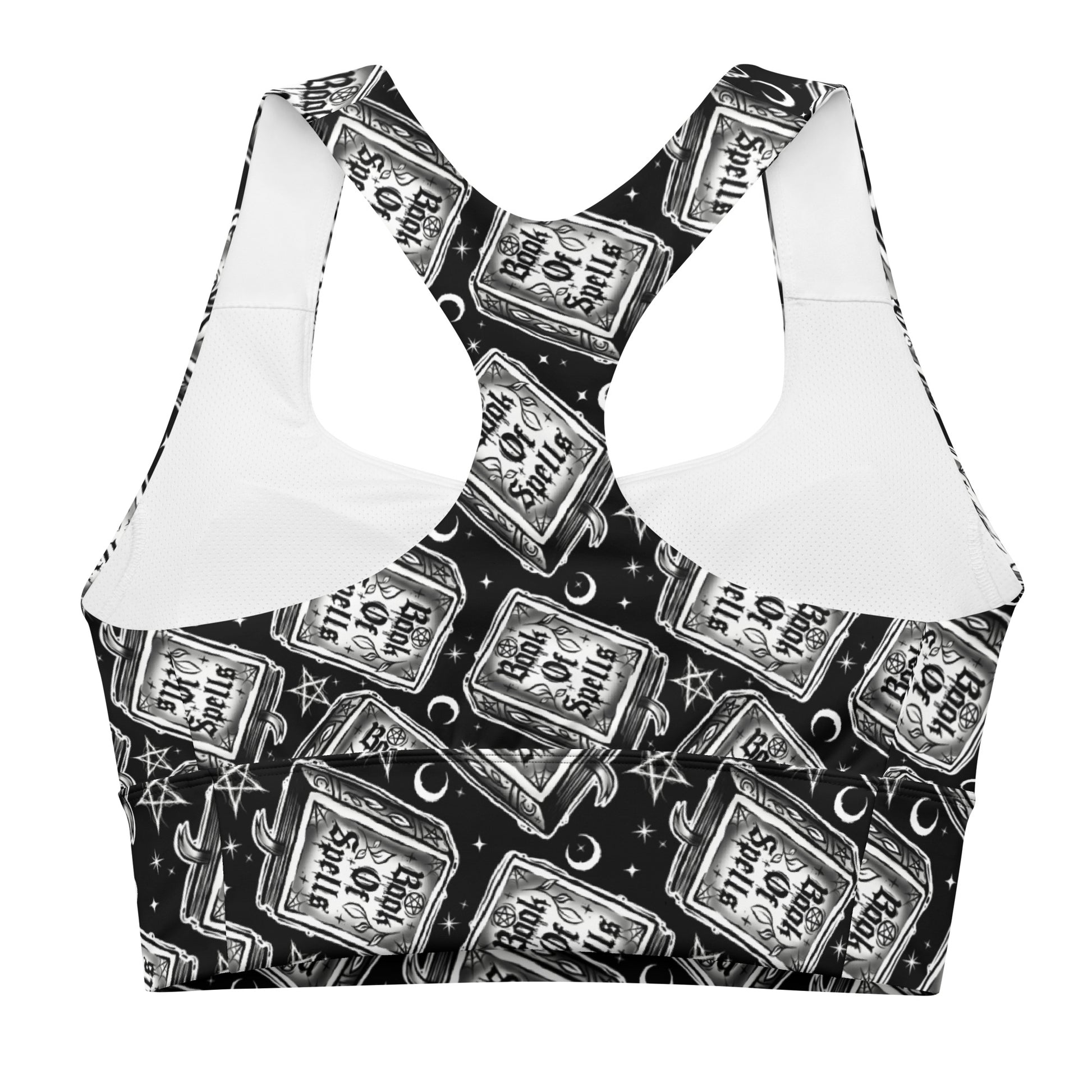 Printful Book of Spells recycled longline sports bra with all-over print, featuring a white background and supportive design.