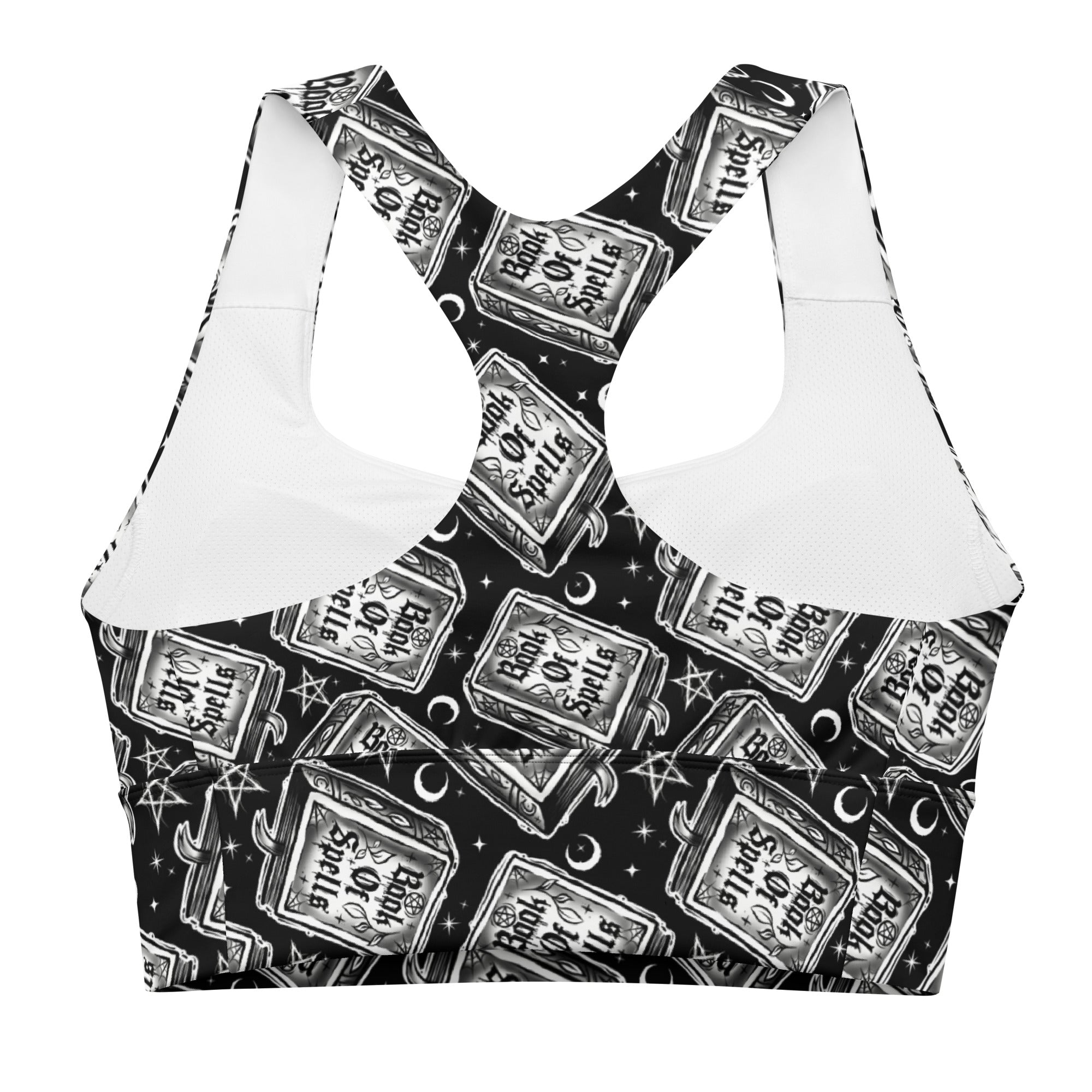 Printful Book of Spells recycled longline sports bra with all-over print, featuring a white background and supportive design.