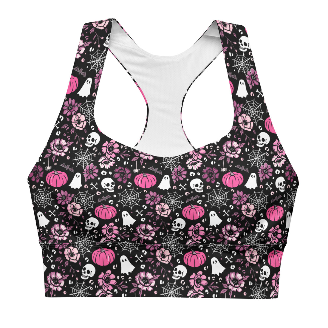 Pink longline sports bra with all-over Halloween print, made from recycled material by Printful, shown from the front.