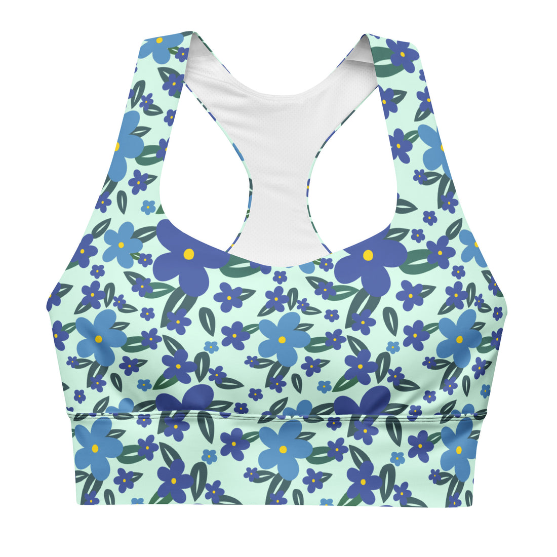 Printful Retro Floral Pop recycled longline sports bra with all-over floral print, white base, and supportive design.