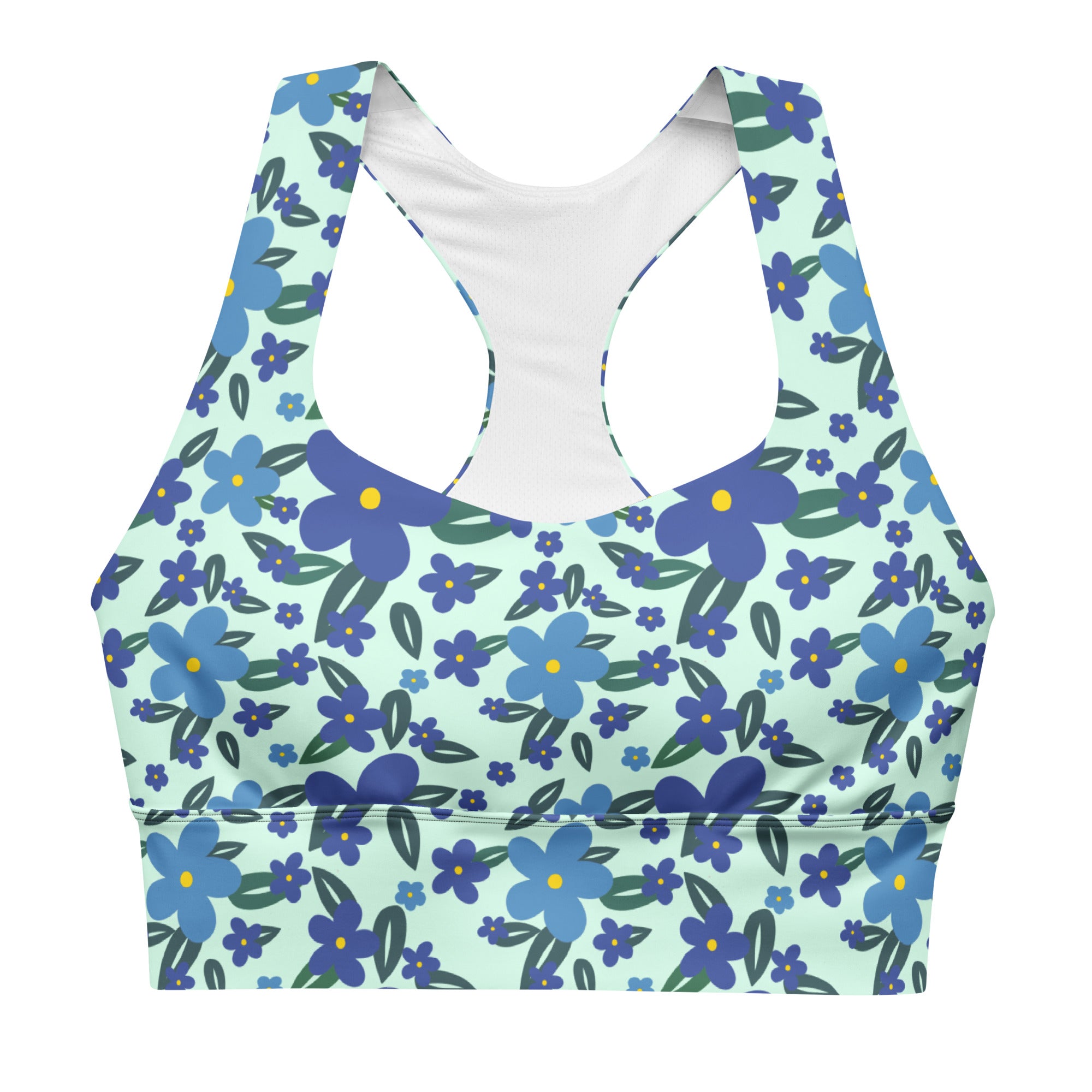 Printful Retro Floral Pop recycled longline sports bra with all-over floral print, white base, and supportive design.