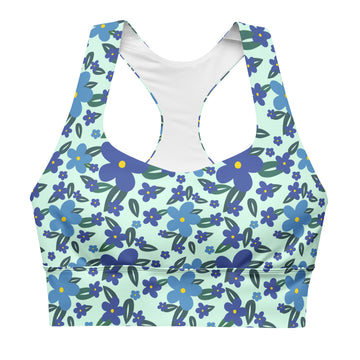 Printful Retro Floral Pop recycled longline sports bra with all-over floral print, white base, and supportive design.