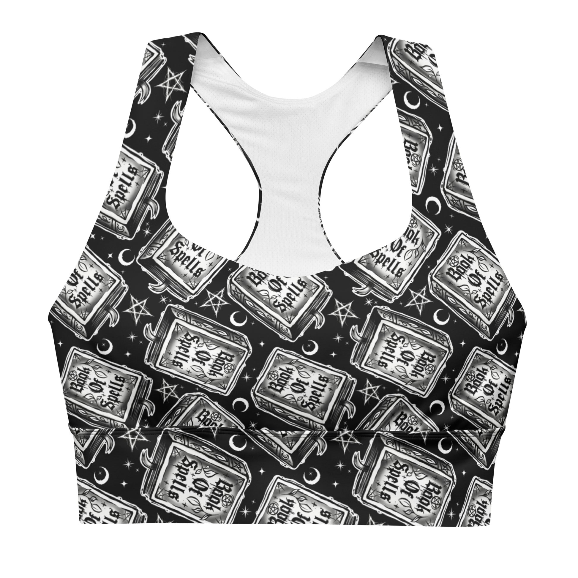Printful Book of Spells recycled longline sports bra with all-over spell print, white background, front view, athletic and eco-friendly design