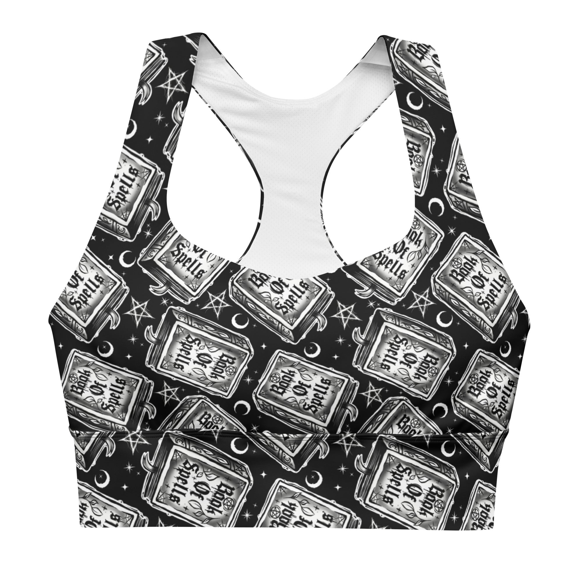 Printful Book of Spells recycled longline sports bra with all-over spell print, white background, front view, athletic and eco-friendly design