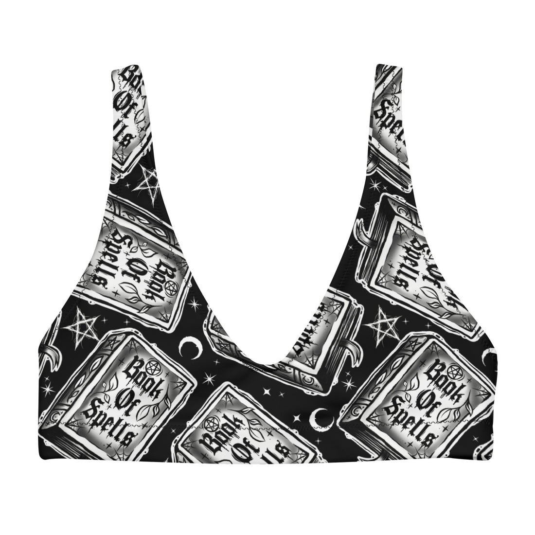 White gothic recycled padded bikini top by Designed By Debz with all-over spell book print, front view, XS–3XL size.