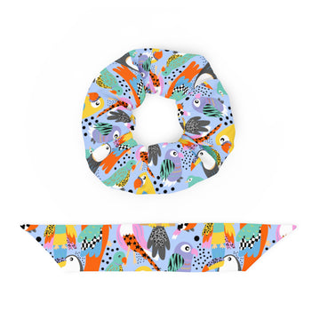 Recycled tropical bird print scrunchie with bow, all-over print on white fabric, stylish hair accessory from Printful.