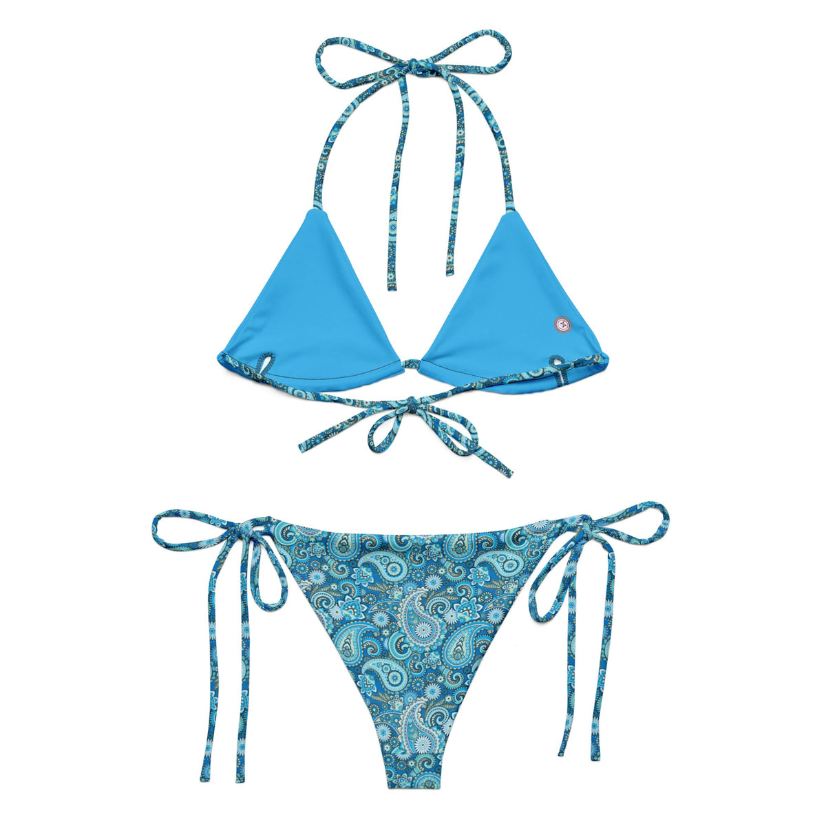Blue paisley print triangle string bikini from Printful, shown from the back with all-over print design on recycled fabric.