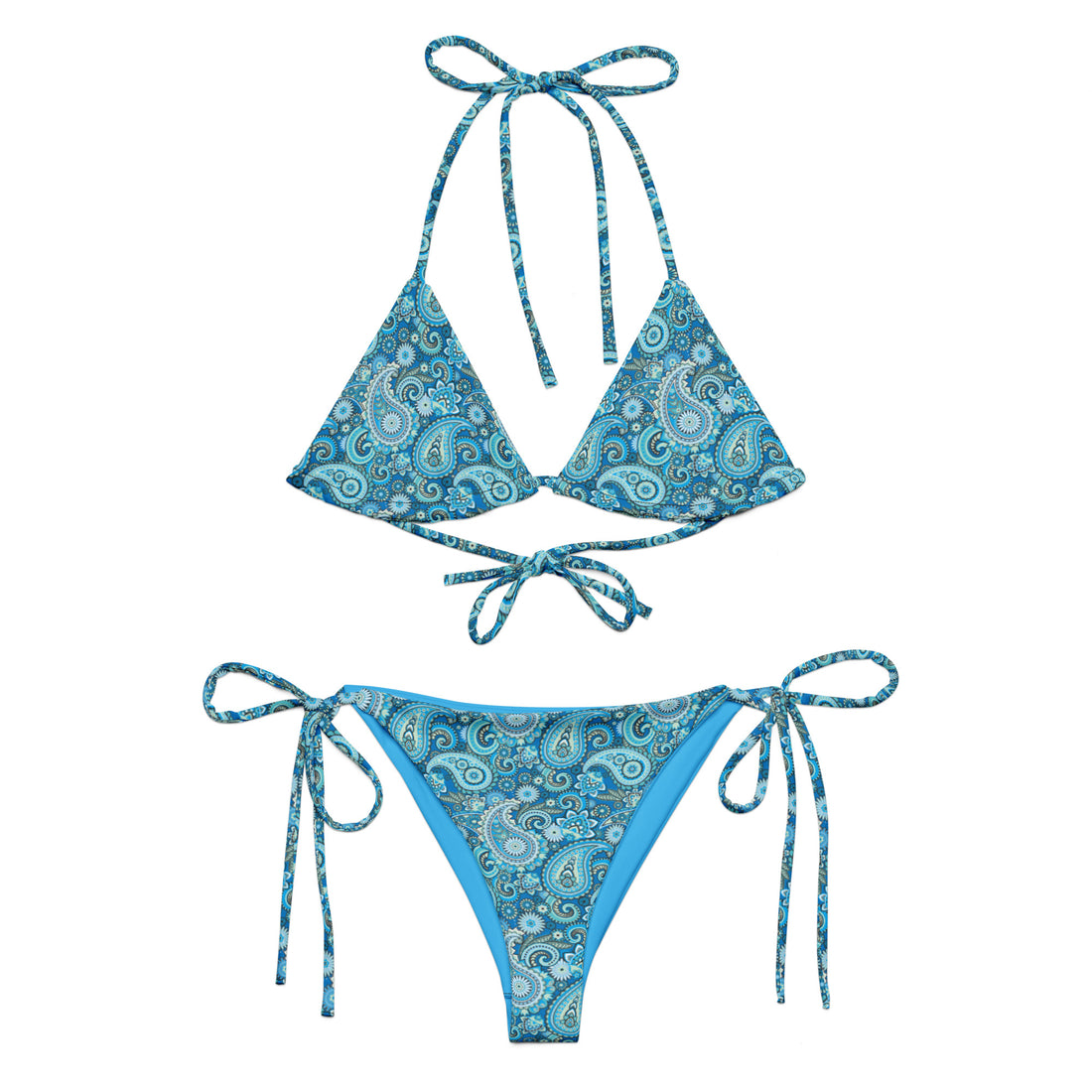 Blue paisley print triangle string bikini by Printful featuring recycled fabric and adjustable ties, front view.