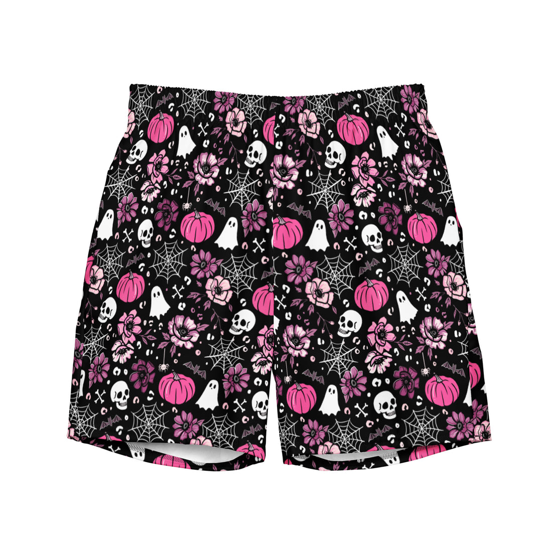 Pink Halloween-themed all-over-print recycled swim trunks from Printful, featuring vibrant design on front, ideal for beach or pool.