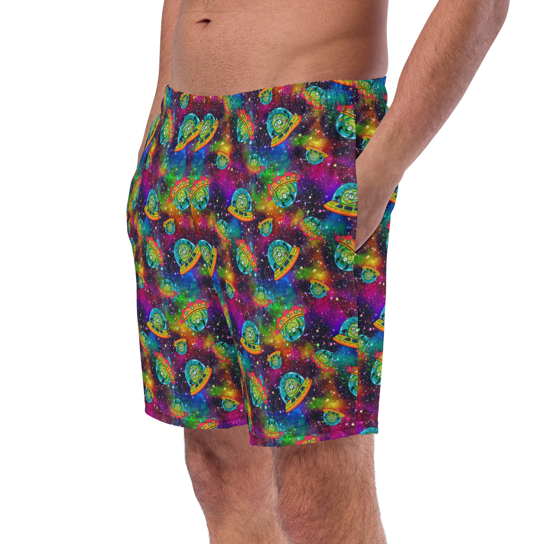 Recycled swim trunks with space aliens print from Printful, featuring vibrant, all-over cosmic alien design on white background.