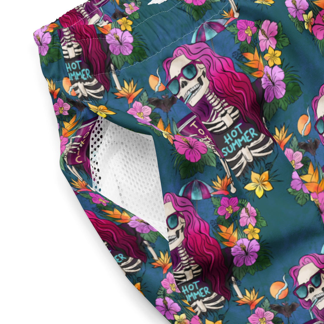 Printful spooky hot summer recycled swim trunks with all-over print, featuring a white background and vibrant spooky design.