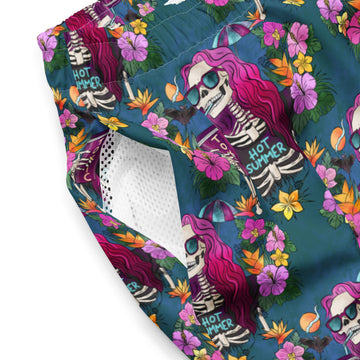 Printful spooky hot summer recycled swim trunks with all-over print, featuring a white background and vibrant spooky design.