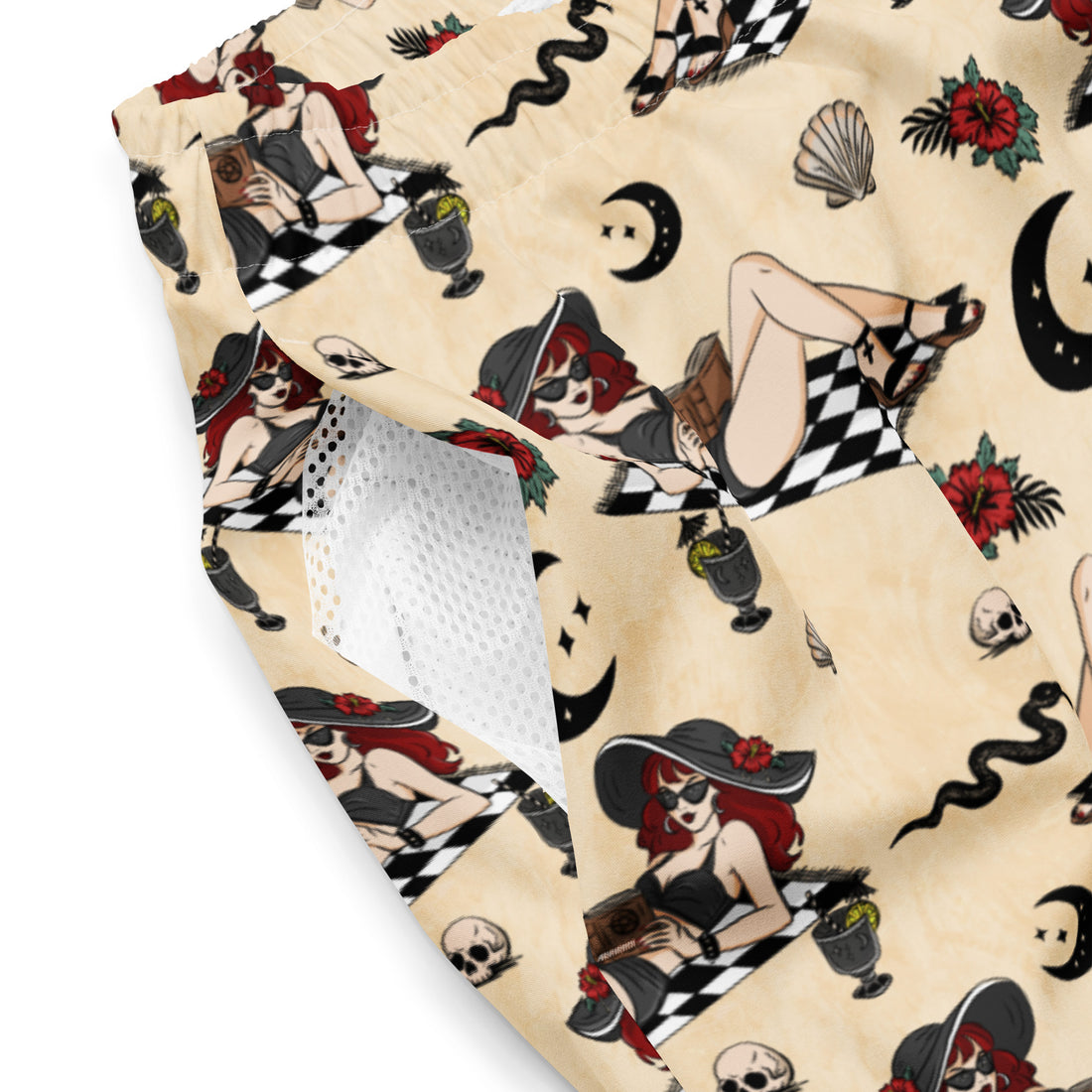 Summerween Goth Girl recycled swim trunks by Printful featuring all-over white print, suitable for summer beach or pool use.