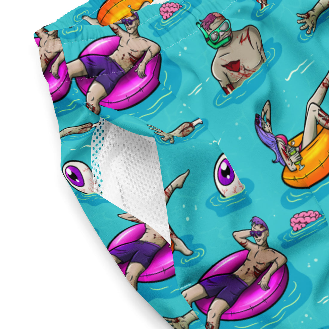 Zombie Summerween recycled swim trunks in all-over print, white, featuring spooky Halloween-themed designs, available in XS to 6XL sizes.