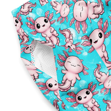 White recycled swim trunks with colorful axolotl all-over print by Printful, designed for comfortable beach or pool wear.