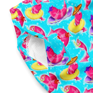White recycled swim trunks with all-over shrimp print by Summer Shrimps, designed for comfortable beachwear.