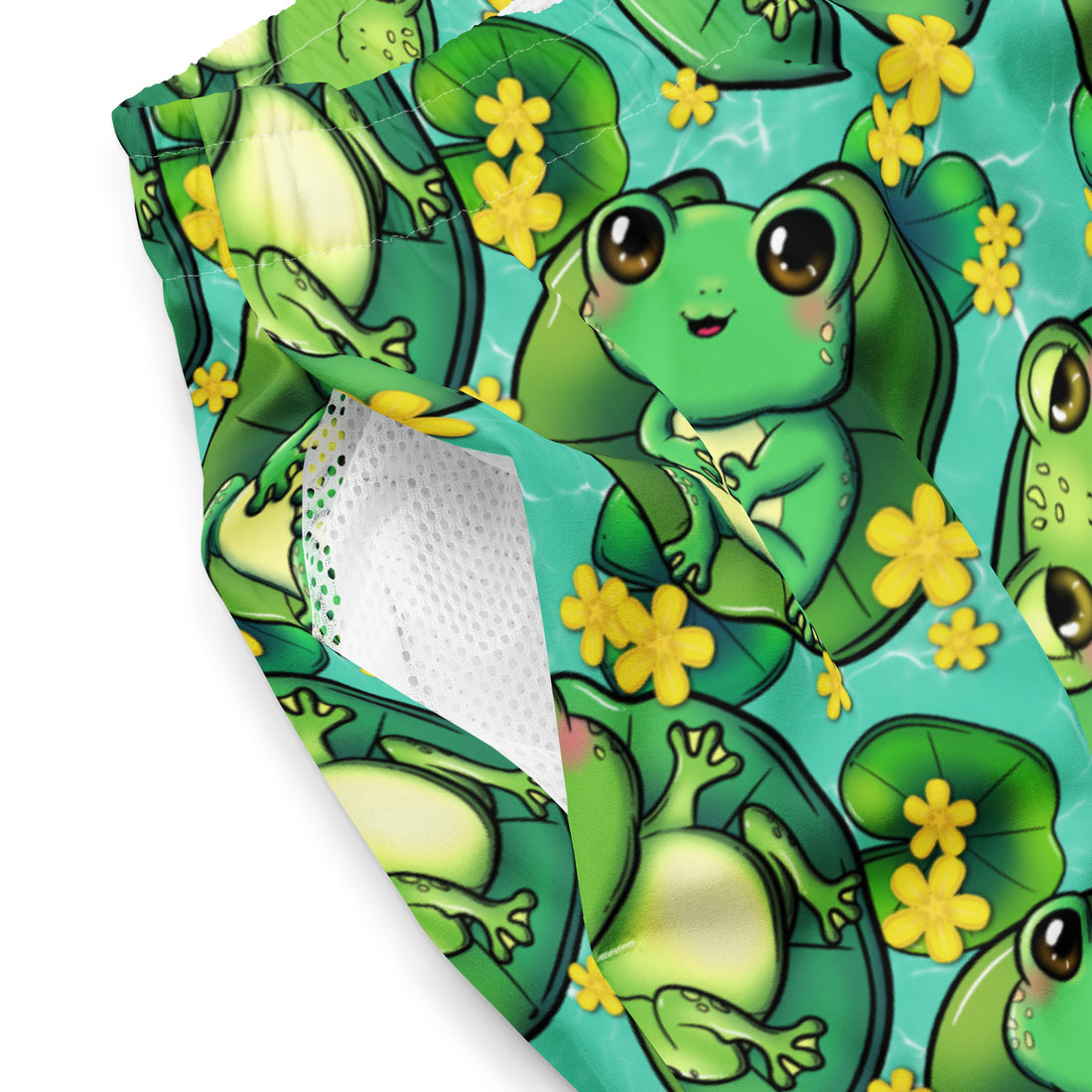 Recycled Printful swim trunks with all-over frog and lily pad print on white fabric, designed for swimming and beachwear.