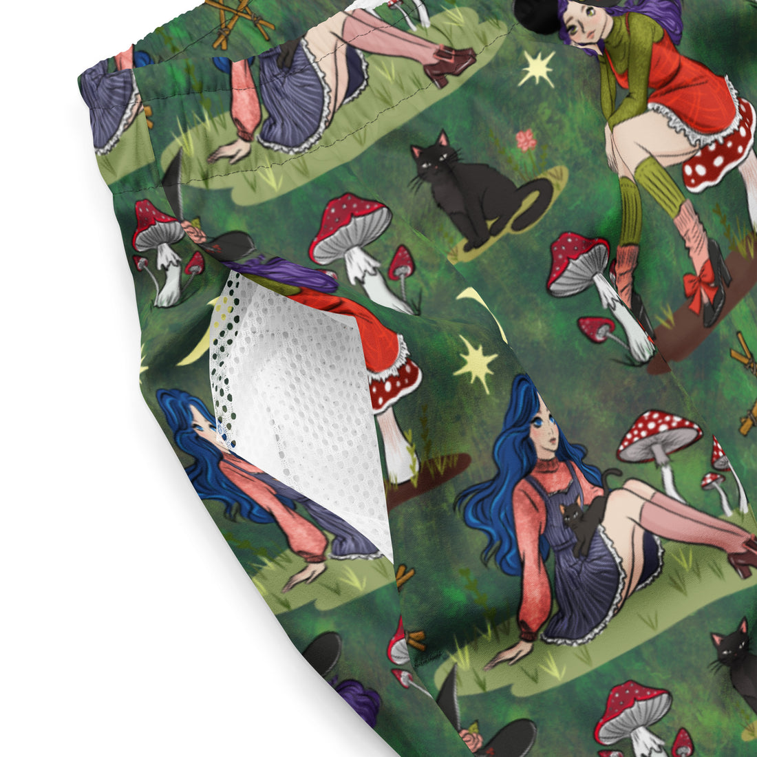 Green sorcerer print on recycled swim trunks from Printful, featuring all-over vibrant design and comfortable fit.