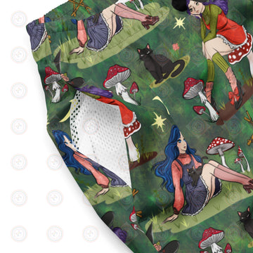 Green sorcerer print on recycled swim trunks from Printful, featuring all-over vibrant design and comfortable fit.