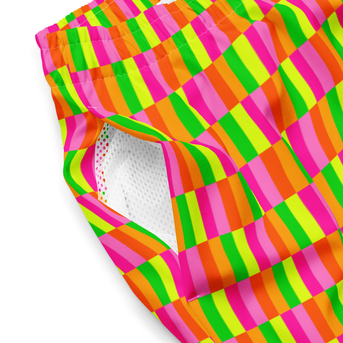 Printful Swim Safe swim trunks with neon geometric print, made from recycled materials, featuring a vibrant all-over design.