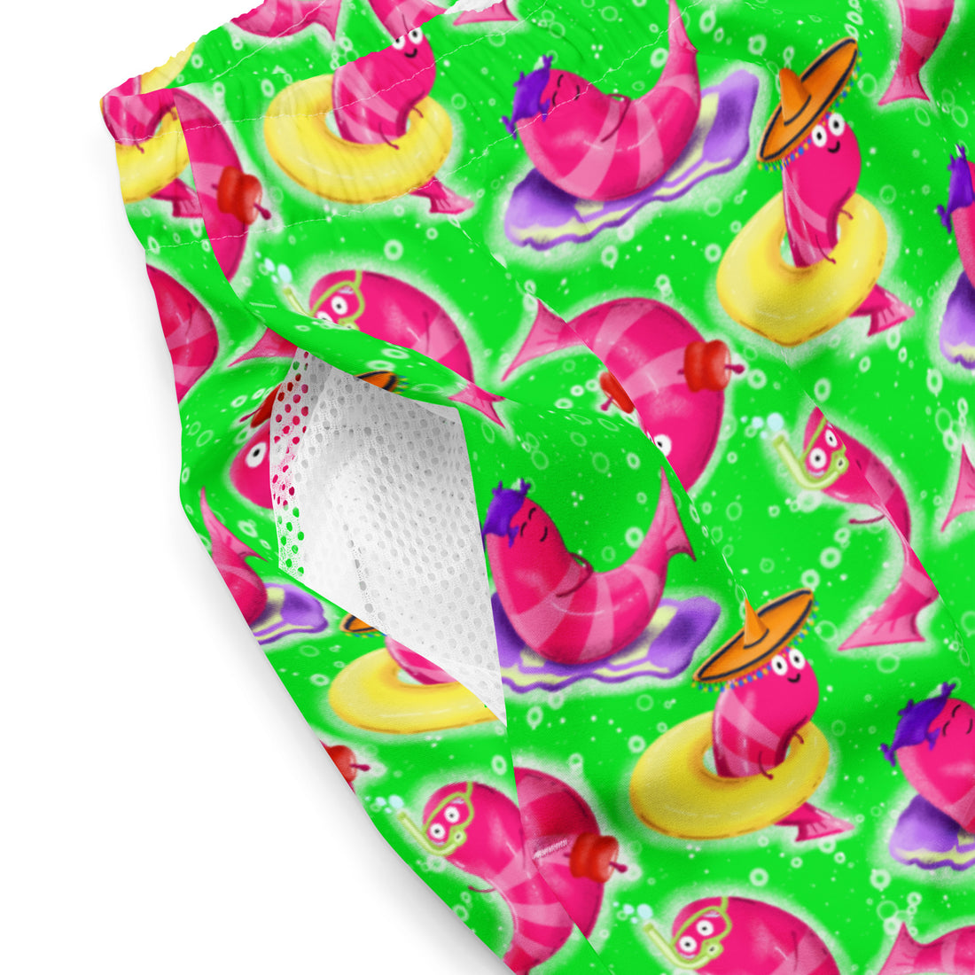 Neon green print recycled Swim Safe swim trunks from Printful with all-over vibrant design and comfortable fit.