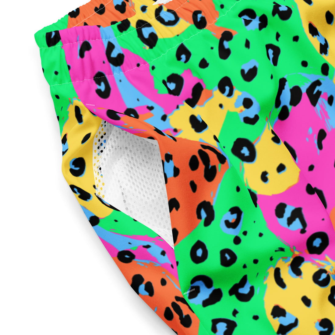 Neon leopard print swim trunks from Printful with all-over recycled fabric, featuring bright colors and a bold pattern.