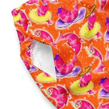 Printful neon orange print swim trunks made from recycled materials, featuring an all-over vibrant pattern for active beachwear.