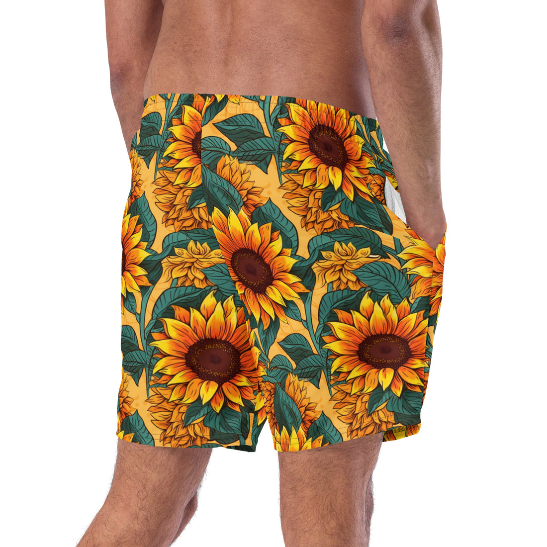 Recycled swim trunks with sunflower print from Printful, featuring a white background and all-over floral design.
