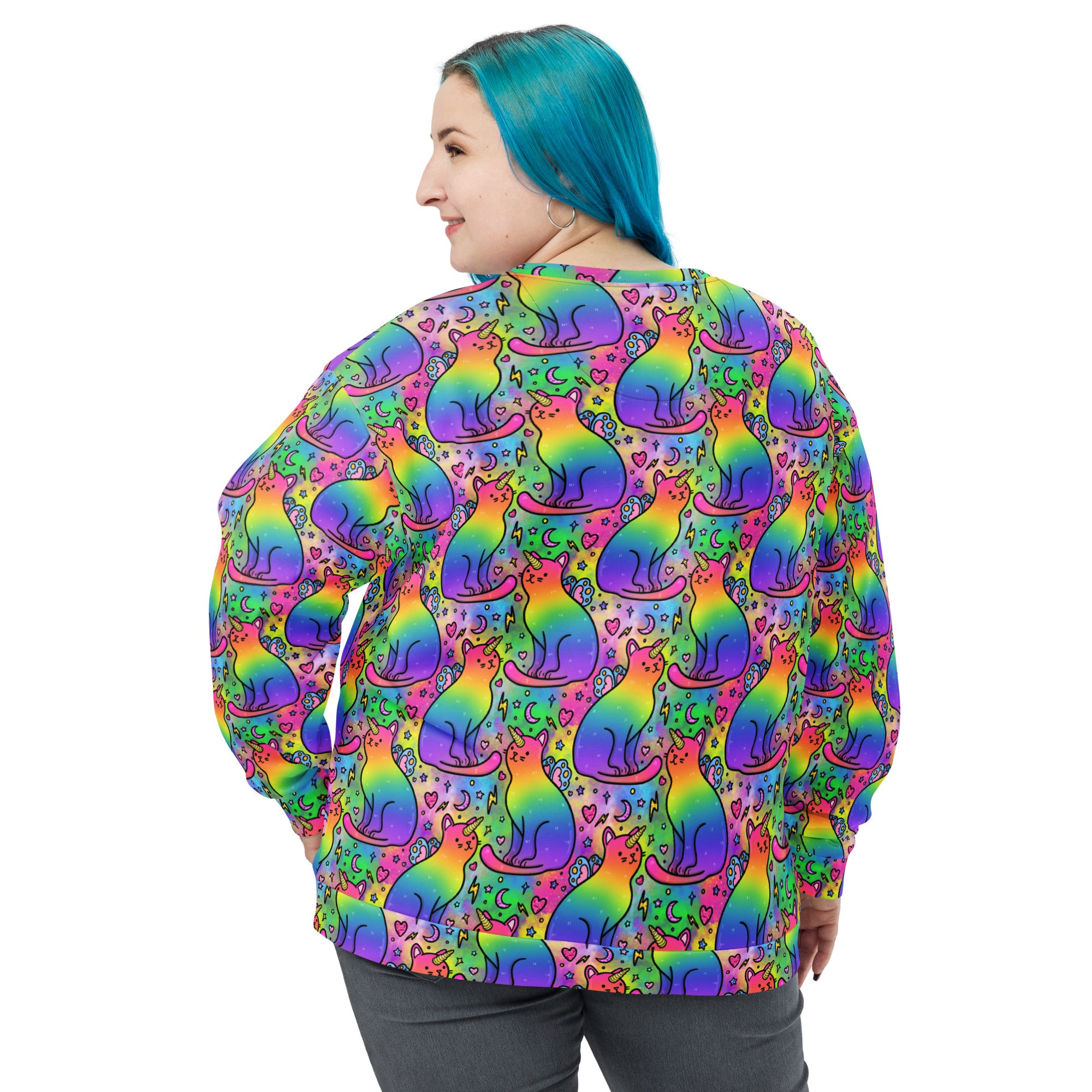 Unisex Rainbow Unicorn Cats recycled jumper from Printful with all-over colorful unicorn and cat print, white background.