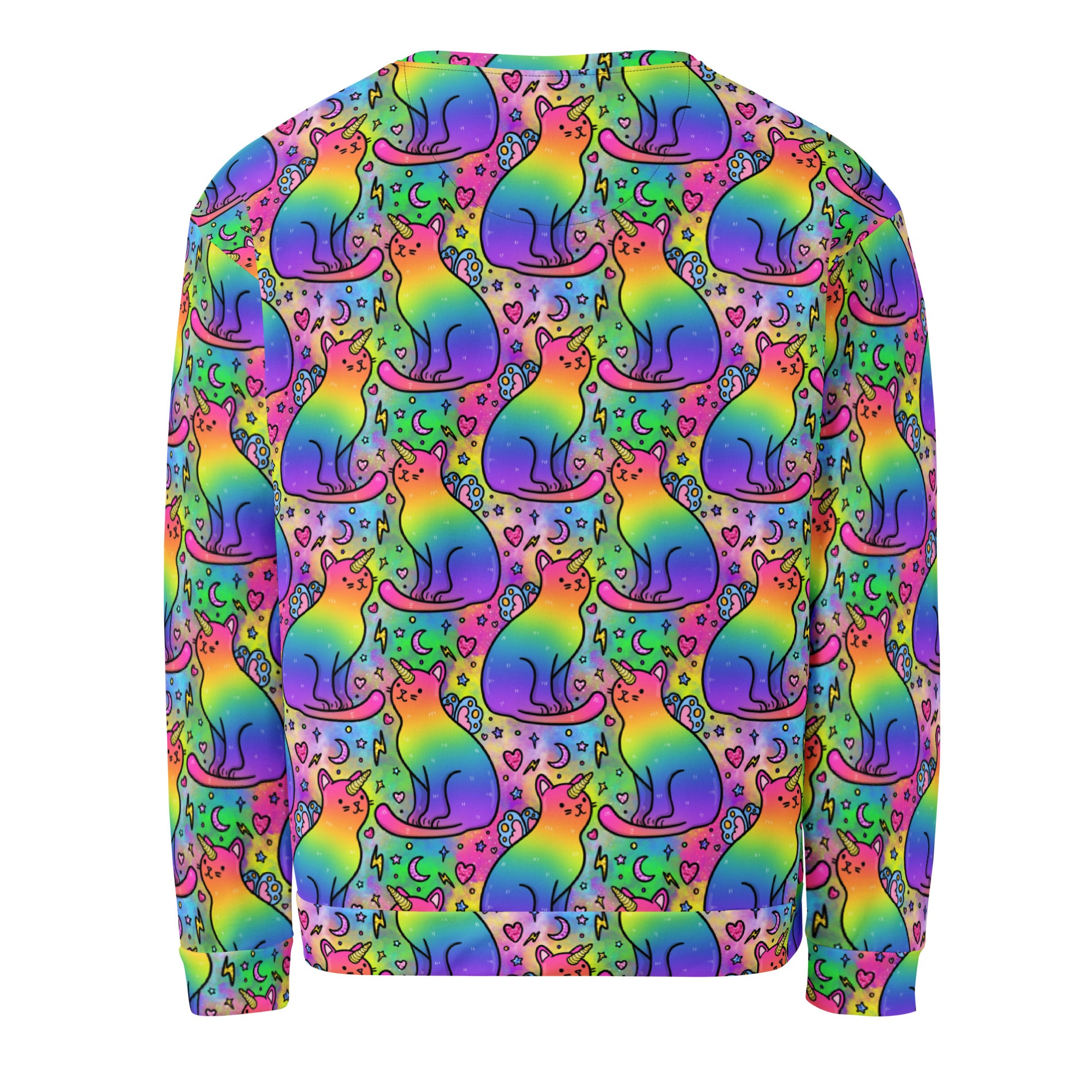 Recycled unisex sweatshirt with rainbow unicorn and cat print on a white background, made by Printful.