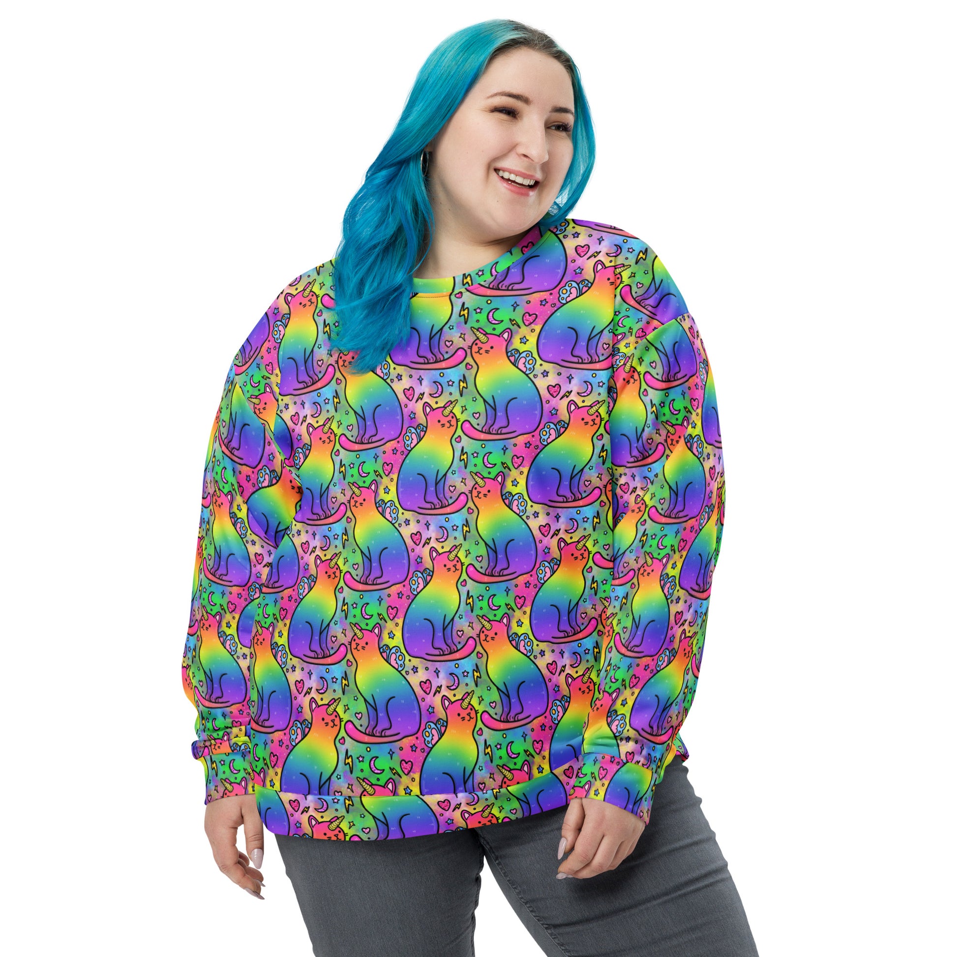 Unisex Rainbow Unicorn Cats recycled jumper by Printful featuring all-over colorful unicorn and cat print on white fabric.