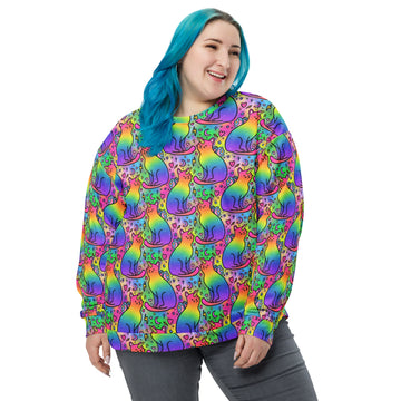 Unisex Rainbow Unicorn Cats recycled jumper by Printful featuring all-over colorful unicorn and cat print on white fabric.