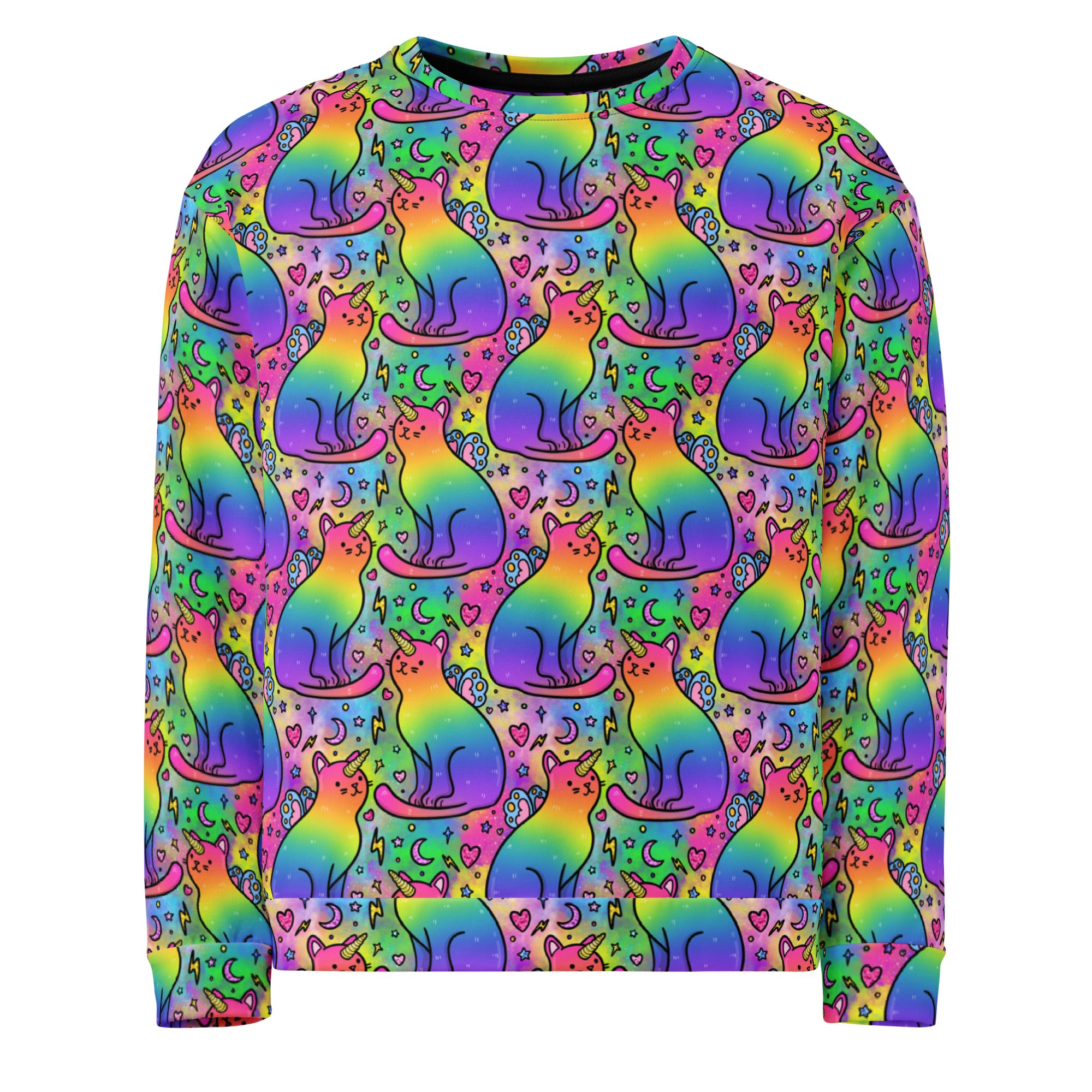 Unisex rainbow unicorn cats printed recycled sweatshirt by Printful, white jumper with colorful all-over unicorn and cat design.
