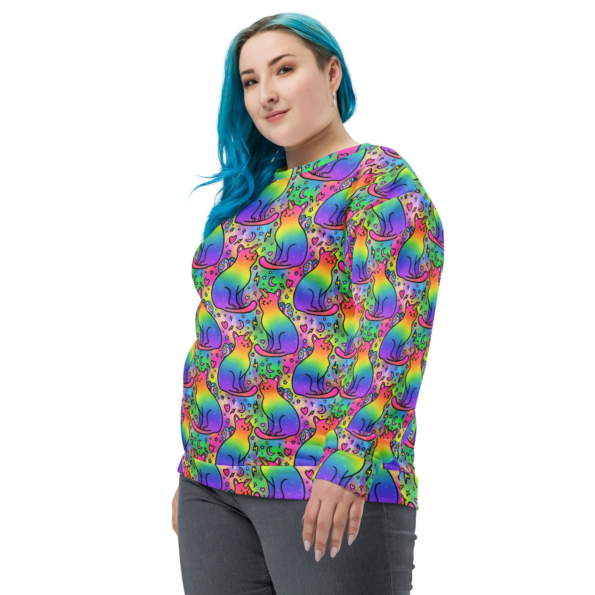 Unisex rainbow unicorn cats printed recycled jumper by Printful, white all-over design, front view showing colorful whimsical pattern.
