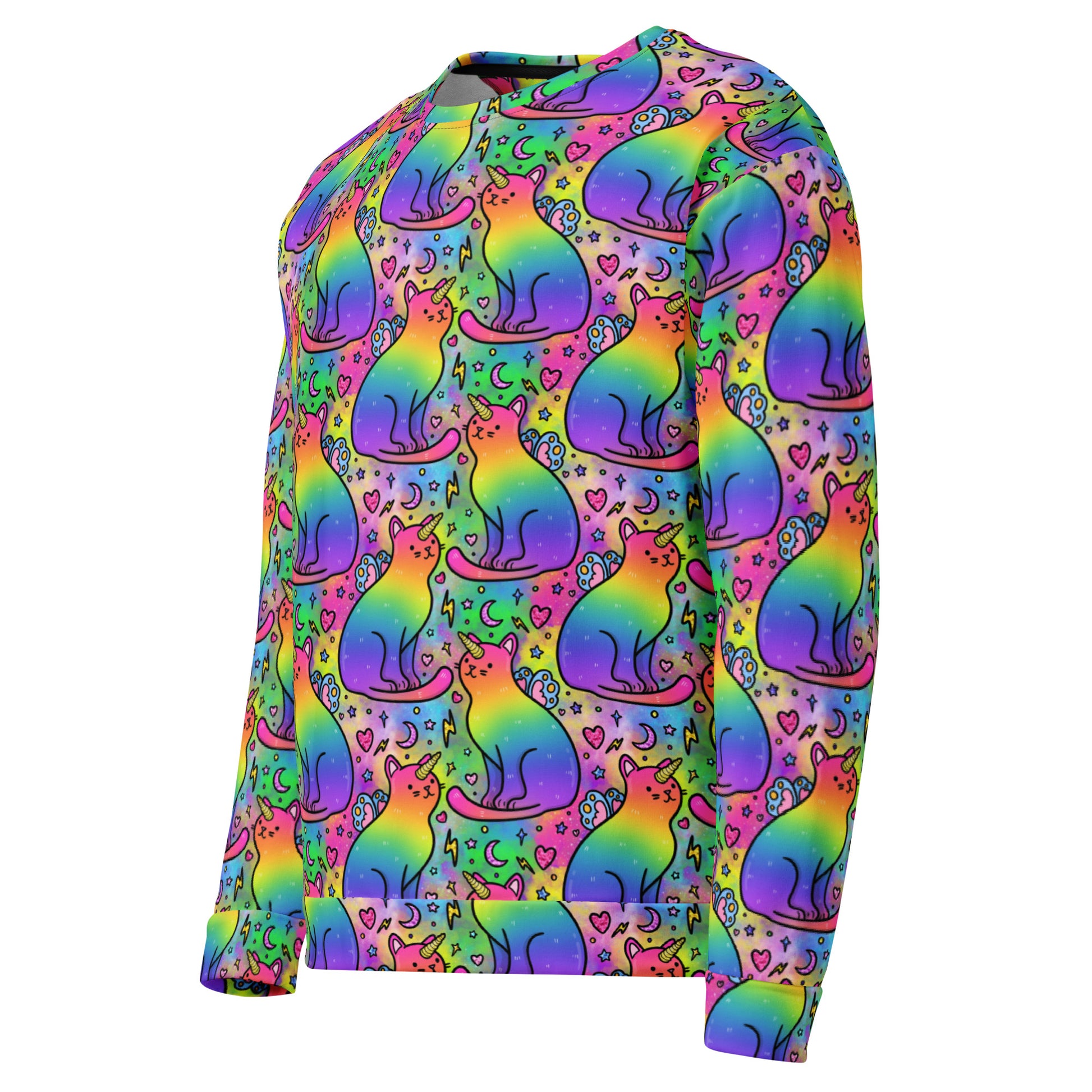 Unisex rainbow unicorn cats printed recycled jumper by Printful, white all-over design, front view showing colorful unicorns and cats.