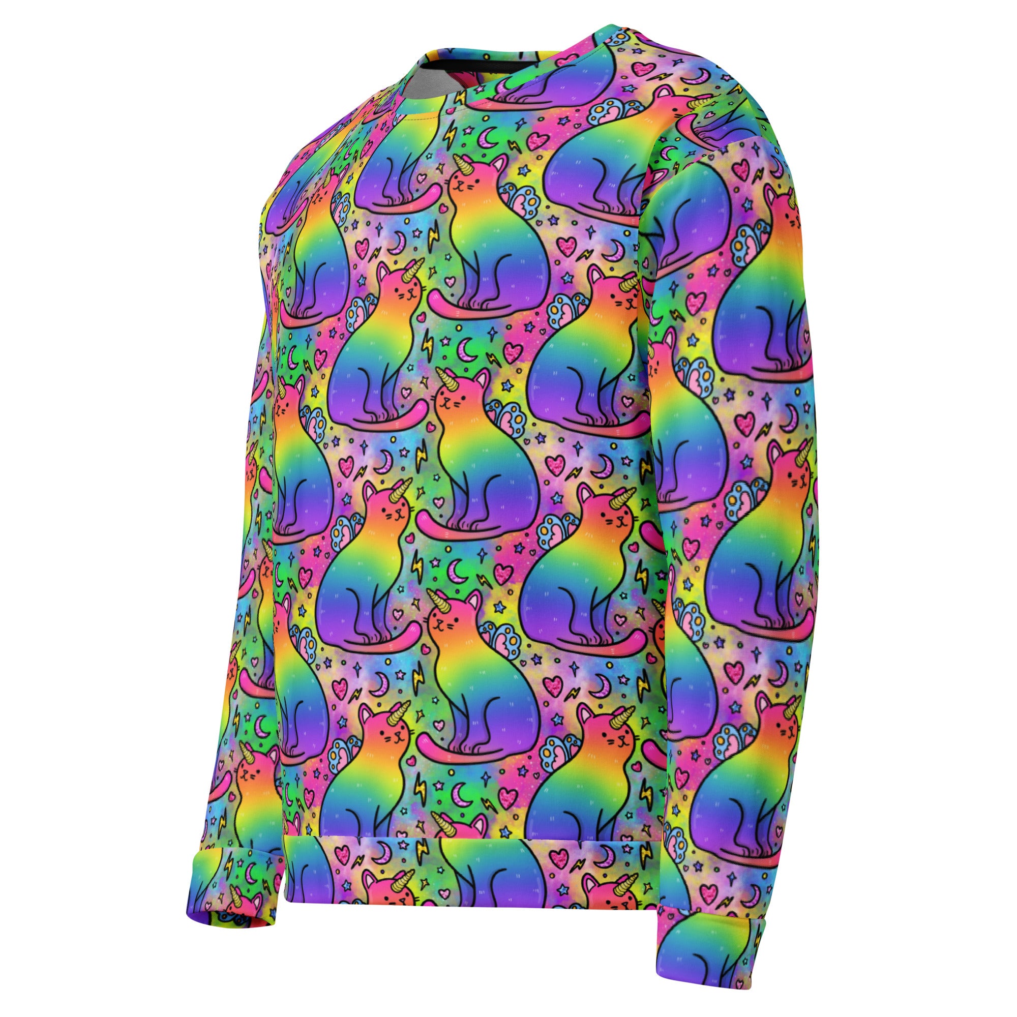 Unisex rainbow unicorn cats printed recycled jumper by Printful, white all-over design, front view showing colorful unicorns and cats.