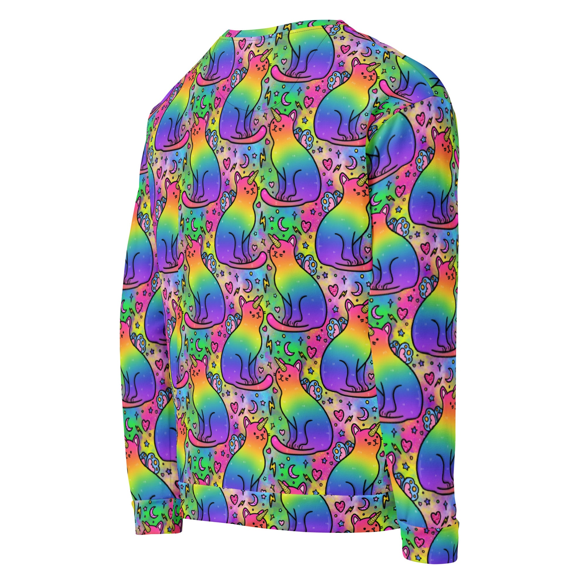 Unisex rainbow unicorn cats jumper by Printful featuring all-over print on a white recycled sweatshirt, shown from the right back side.