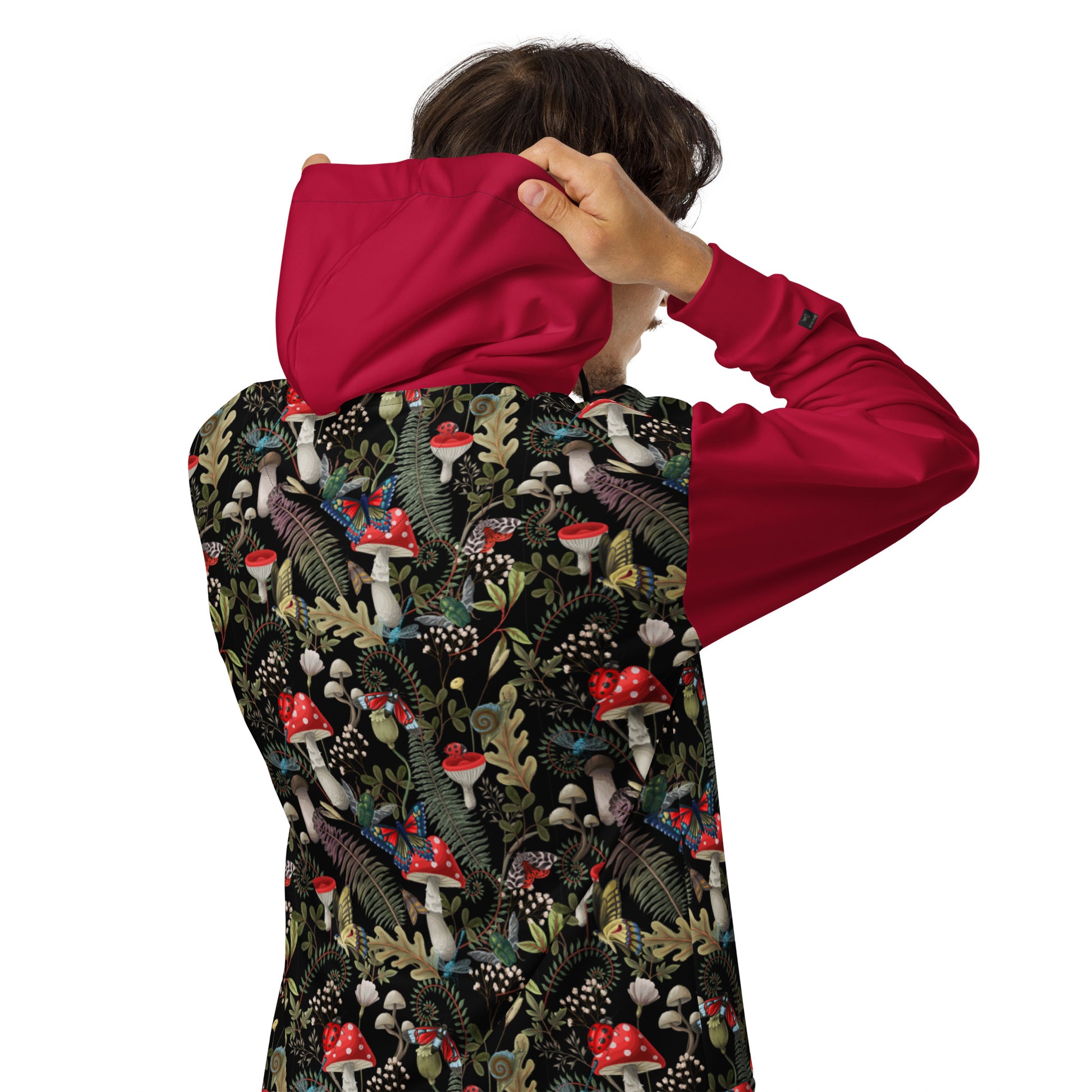 Unisex zip hoodie by Designed By Debz featuring dark mushroom forest print in red and black on a white background.