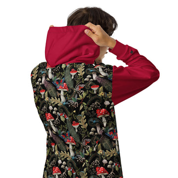 Unisex zip hoodie by Designed By Debz featuring dark mushroom forest print in red and black on a white background.
