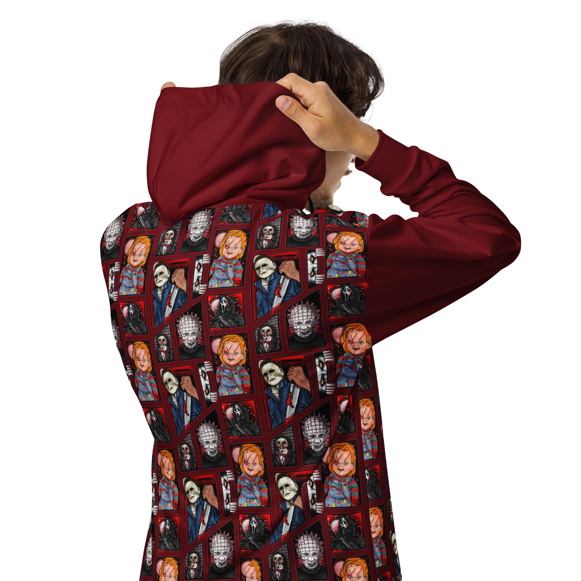 White unisex zip hoodie featuring all-over print of Chucky, Freddy Krueger, and Jason Voorhees from Friday the 13th, classic horror movies.
