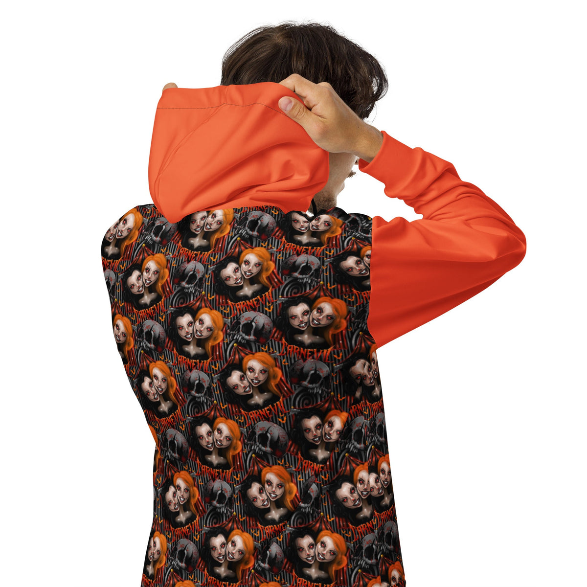 Unisex white Zip Hoodie by Printful featuring a gothic horror print of a two-headed clown from Carn-Evil on the back.