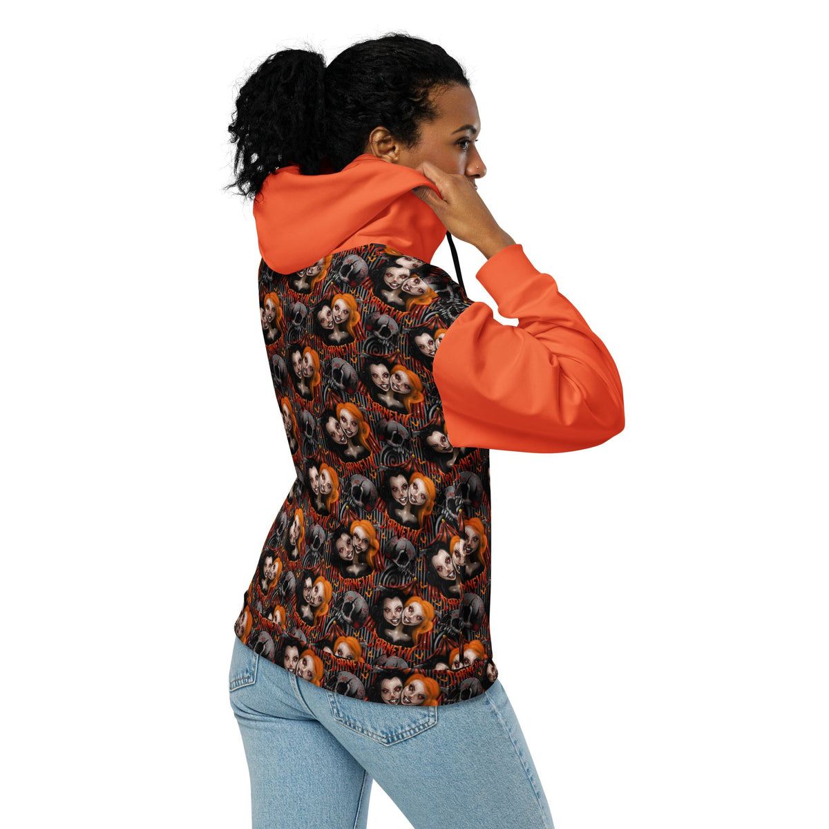 White unisex zip hoodie by Printful featuring a gothic horror print of a two-headed clown from Carn-Evil on the back.