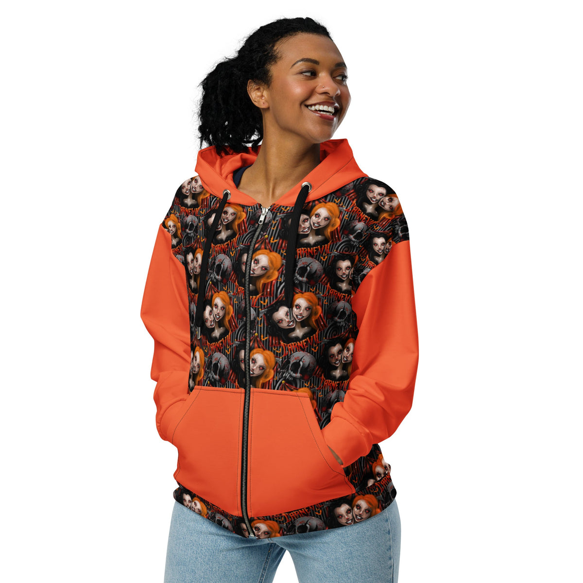 White unisex Zip Hoodie by Printful featuring a gothic horror print of a two-headed clown from Carn-Evil on the front.